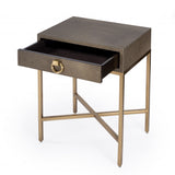 27" Gold and Brown Shagreen Faux Leather End Table With Drawer