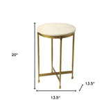 20" Antiqued Gold And White Marble Round End Table