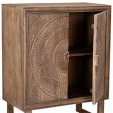 33" Distressed Brown Solid Wood Two Door Floral Carved Accent Cabinet