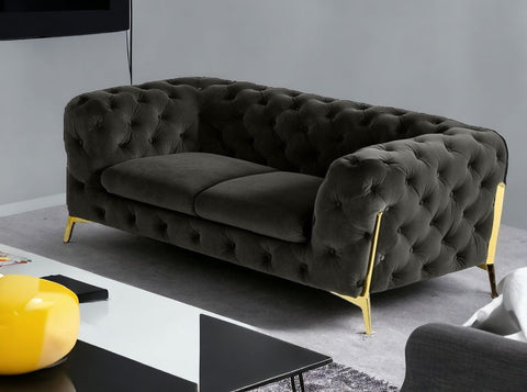 74" Dark Grey And Gold Velour Chesterfield Loveseat