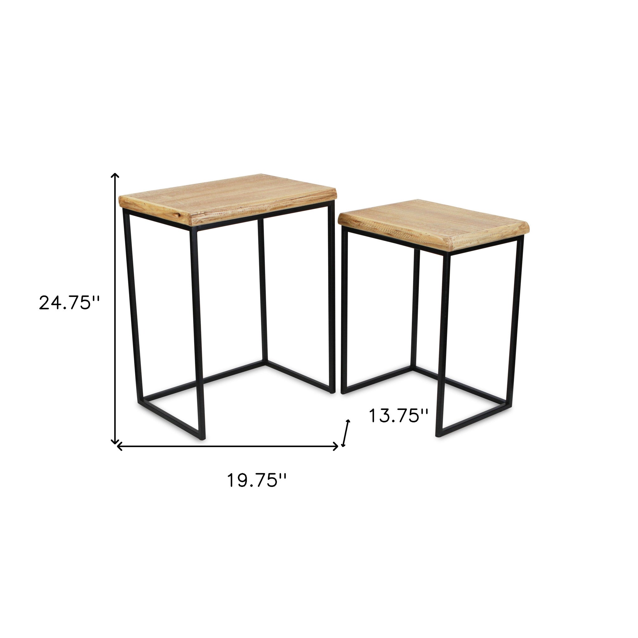 Set Of Two 25" Black And Brown Solid Wood And Steel Rectangular Nested Tables