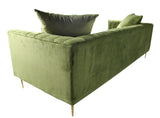 90" Moss Green Velvet And Gold Sofa With Two Toss Pillows