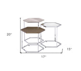 17" Chrome And Taupe Manufactured Wood And Metal Hexagon Nested Coffee Tables