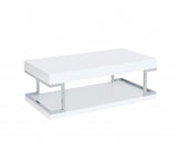 47" Chrome And White High Gloss Manufactured Wood And Metal Rectangular Coffee Table With Shelf