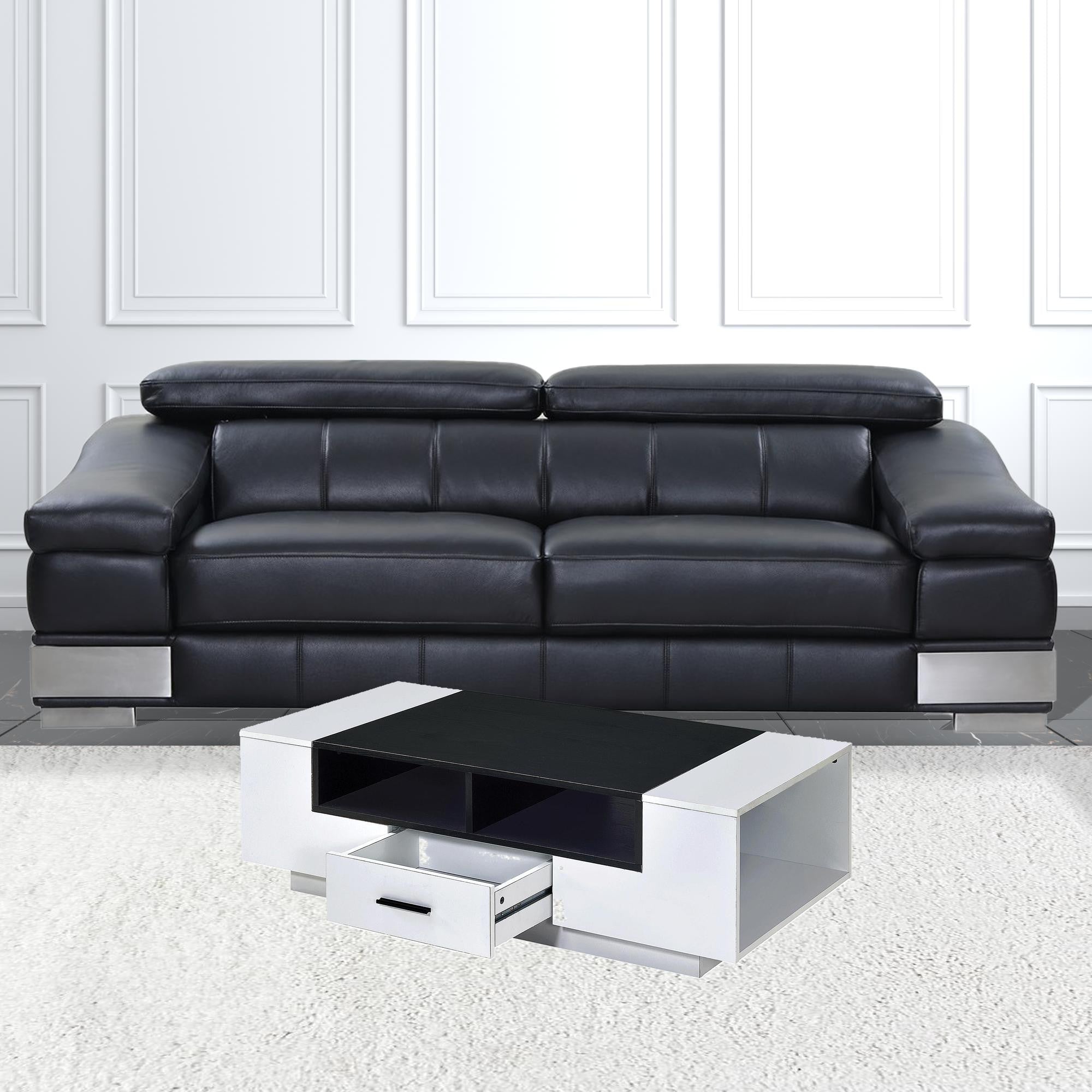 47" White And Black Rectangular Coffee Table With Drawer And Three Shelves