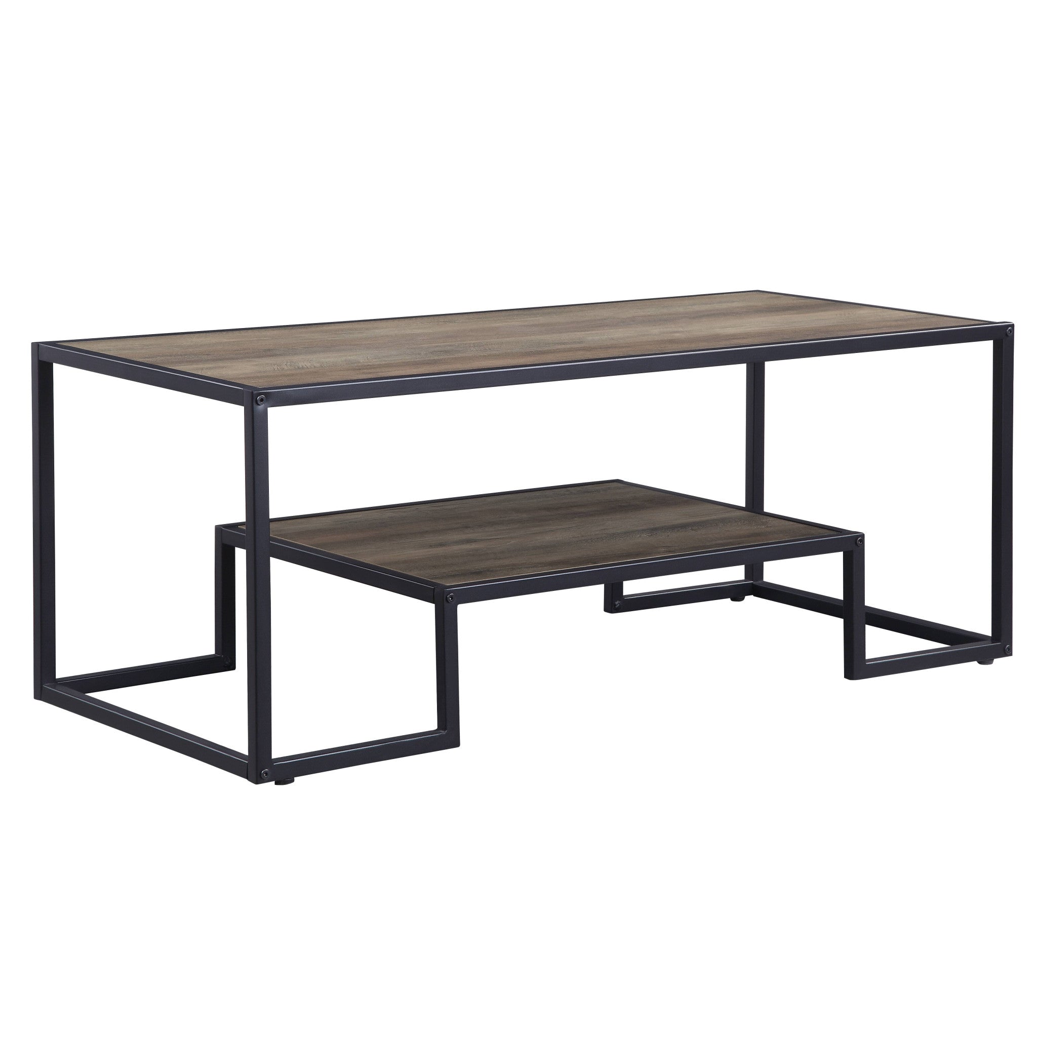 45" Black And Rustic Oak Paper Veneer And Metal Rectangular Coffee Table With Shelf