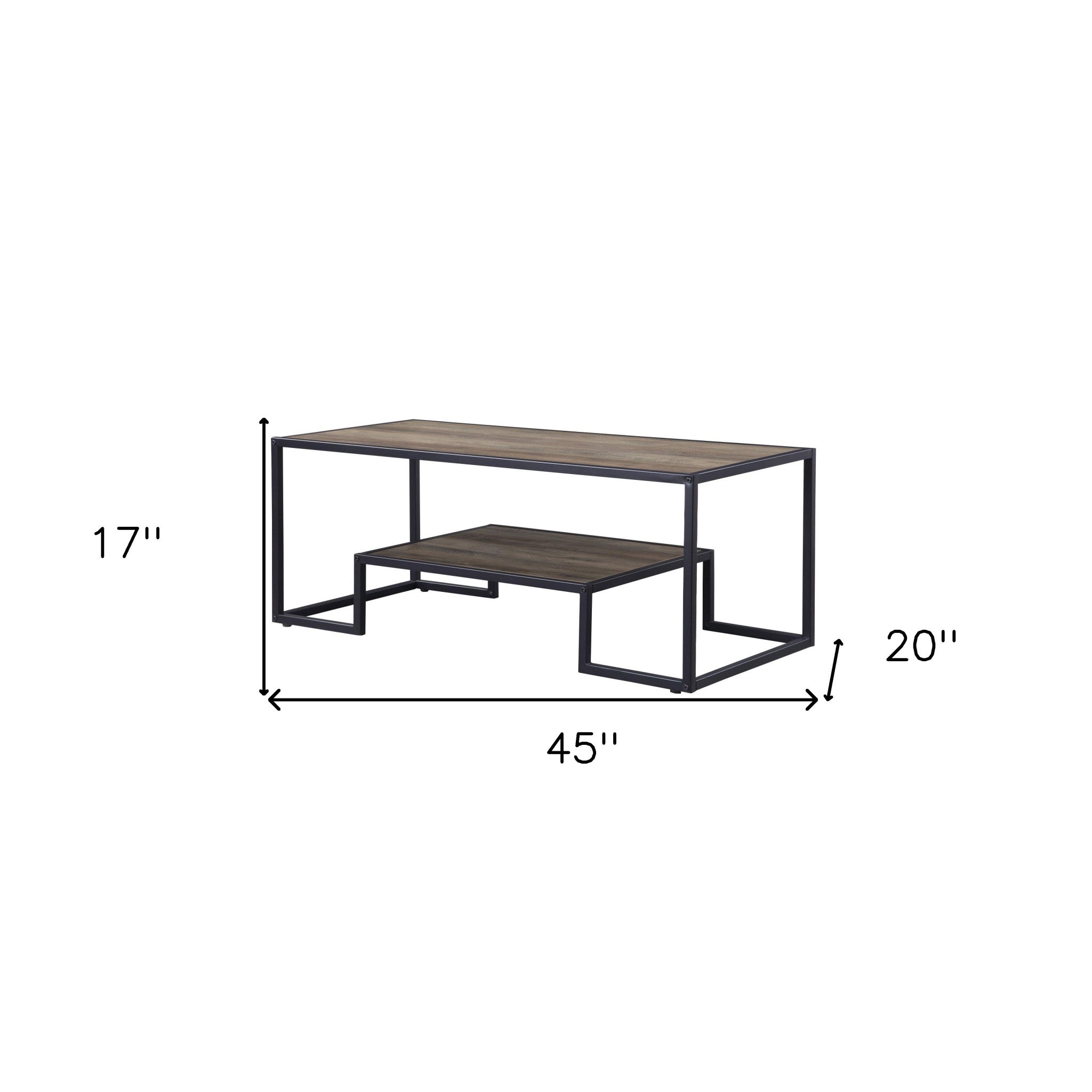 45" Black And Rustic Oak Paper Veneer And Metal Rectangular Coffee Table With Shelf