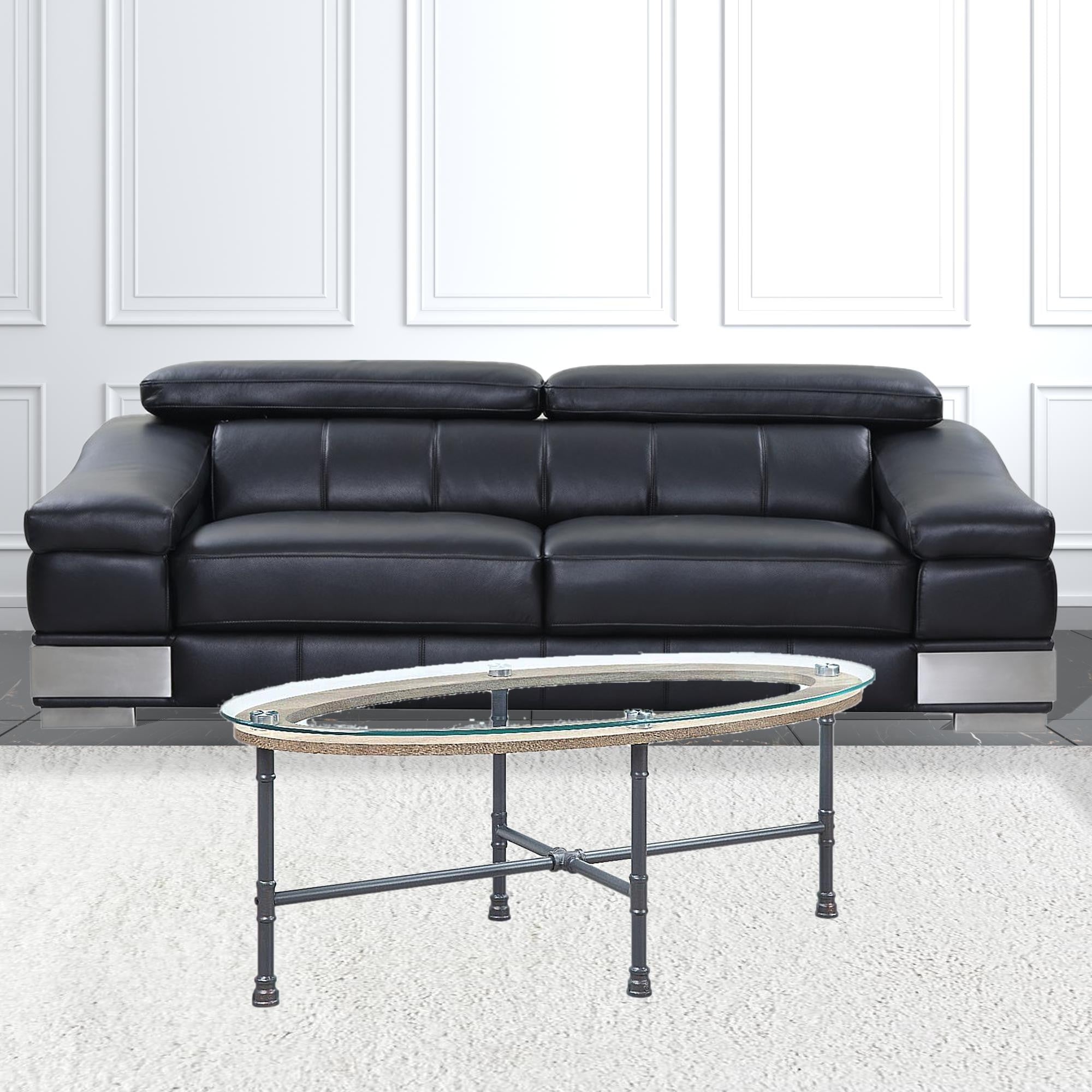 47" Sandy Gray And Clear Glass And Metal Oval Coffee Table