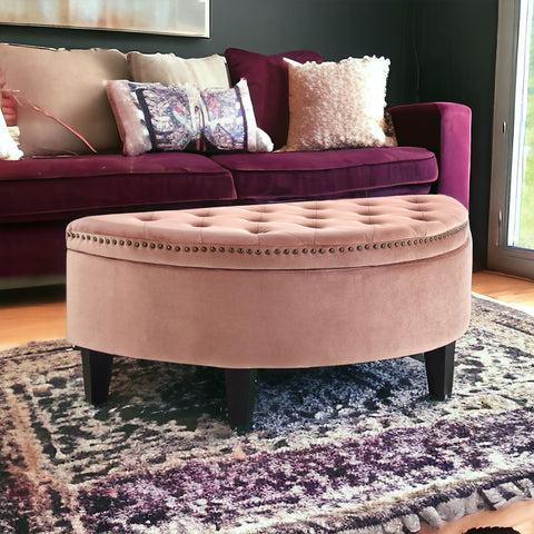 44" Blush Velvet And Black Tufted Half Circle Storage