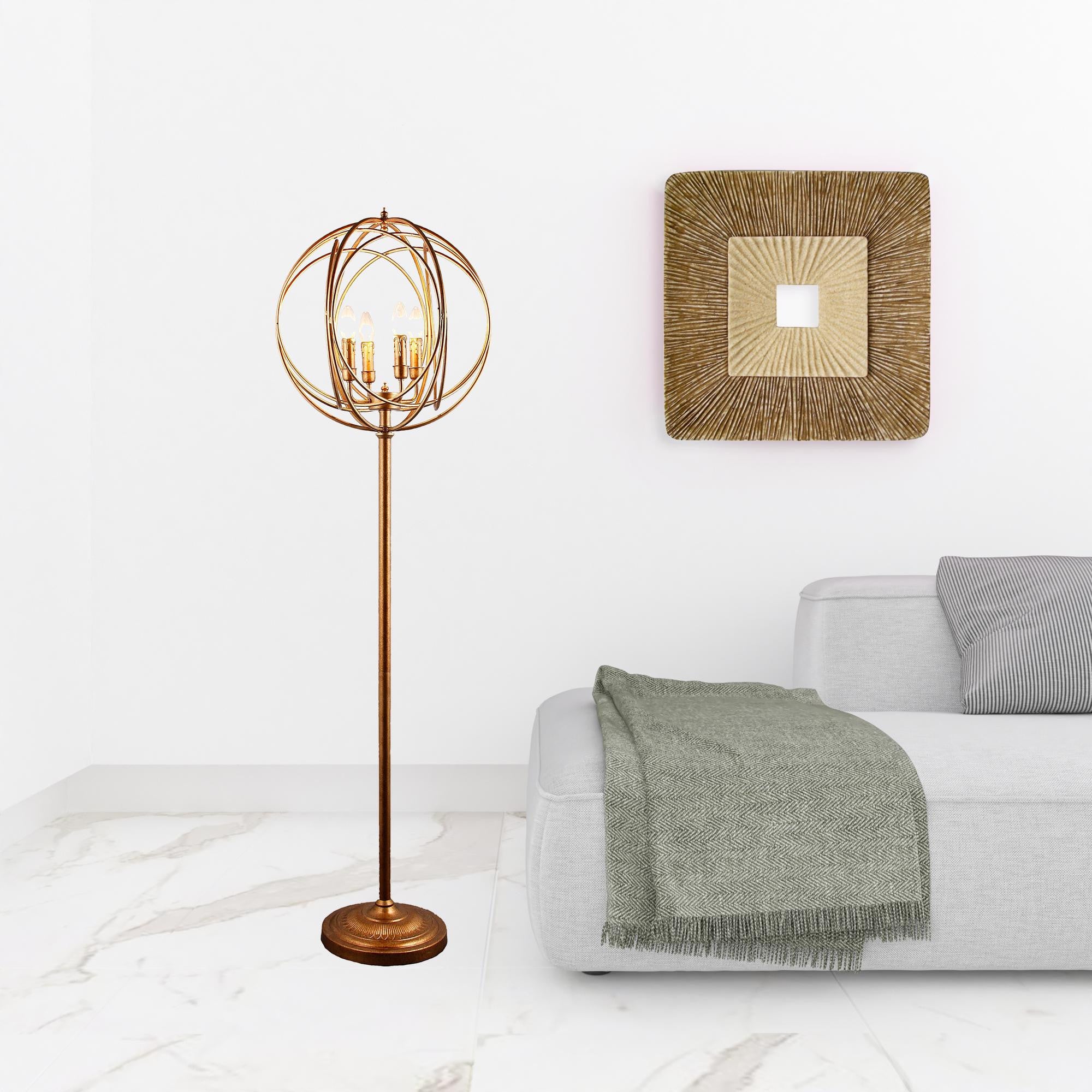 64" Gold Four Light  Floor Lamp With Modern Gold Geometric Globe Shade