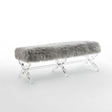 48" Gray And Clear Upholstered Faux Fur Bench