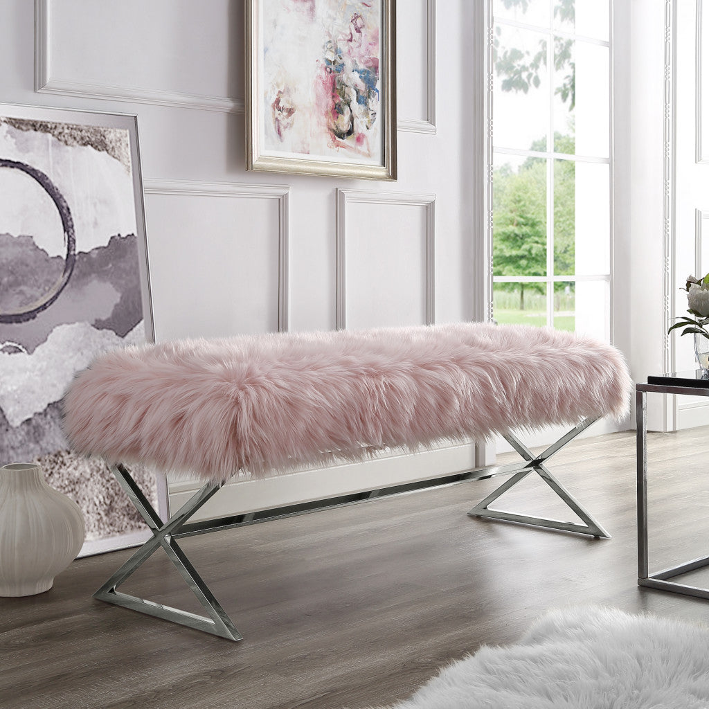 48" Rose And Silver Upholstered Faux Fur Bench