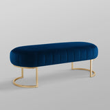 53" Navy Blue And Gold Upholstered Velvet Bench