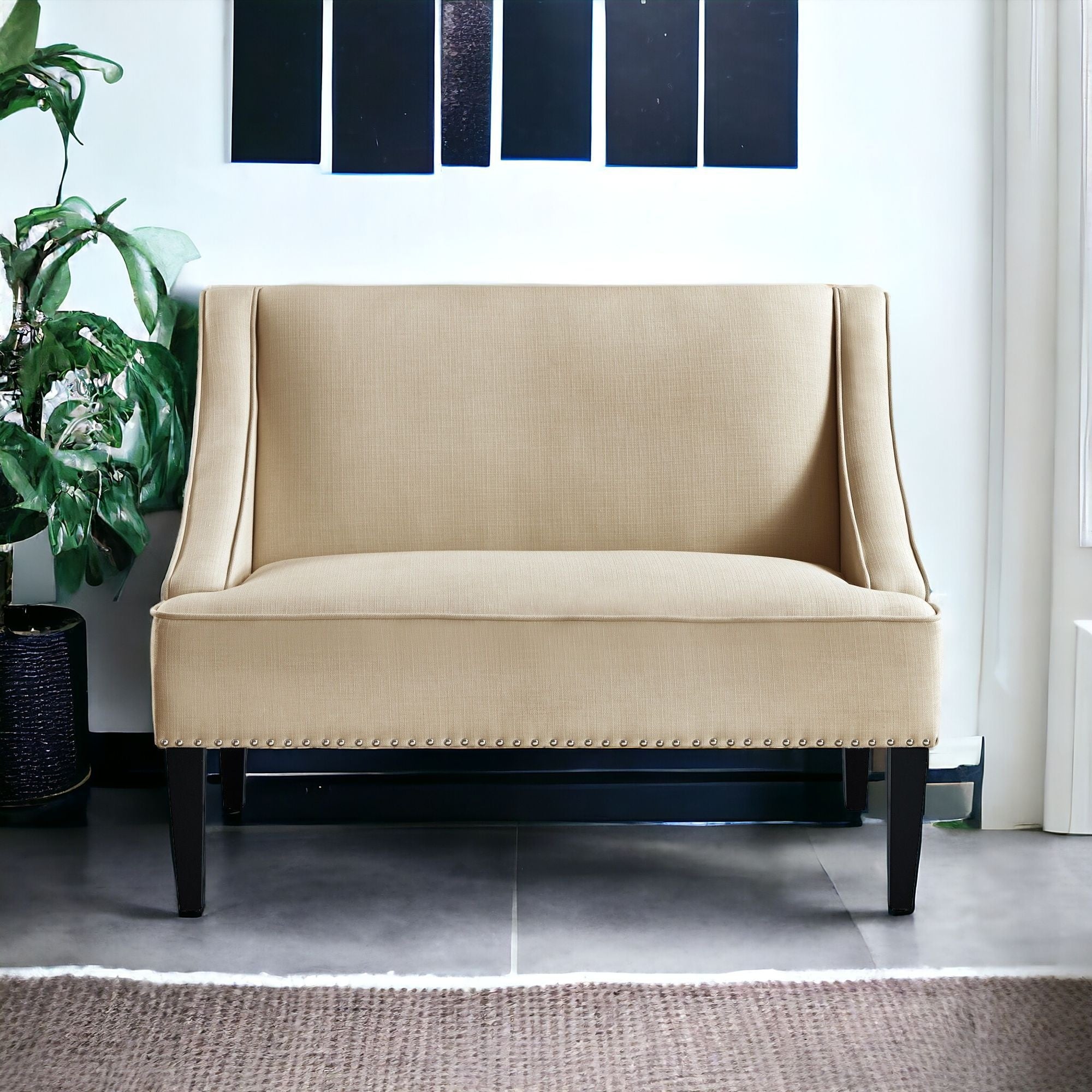 45" Beige And Black Upholstered Linen Bench