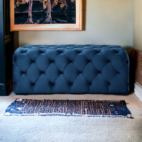 48" Navy Blue And Black Upholstered Velvet Bench