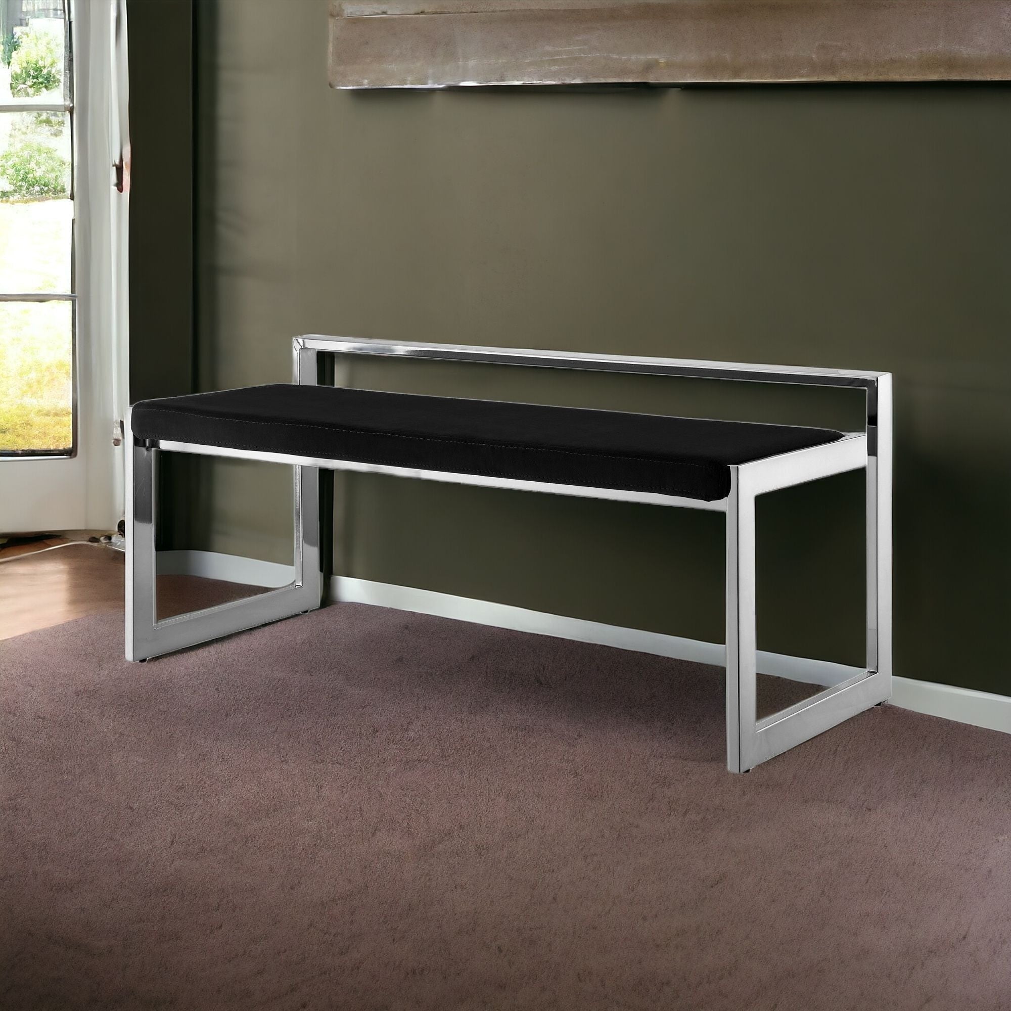 48" Black And Silver Upholstered Velvet Bench