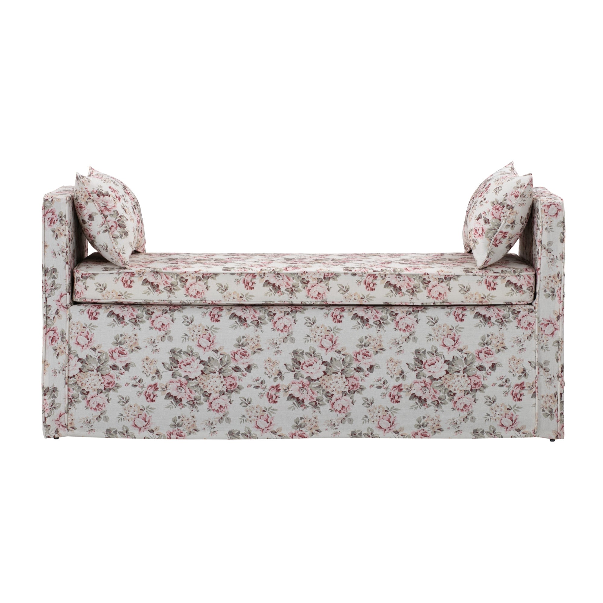 53" Red And Black Upholstered Linen Floral Bench