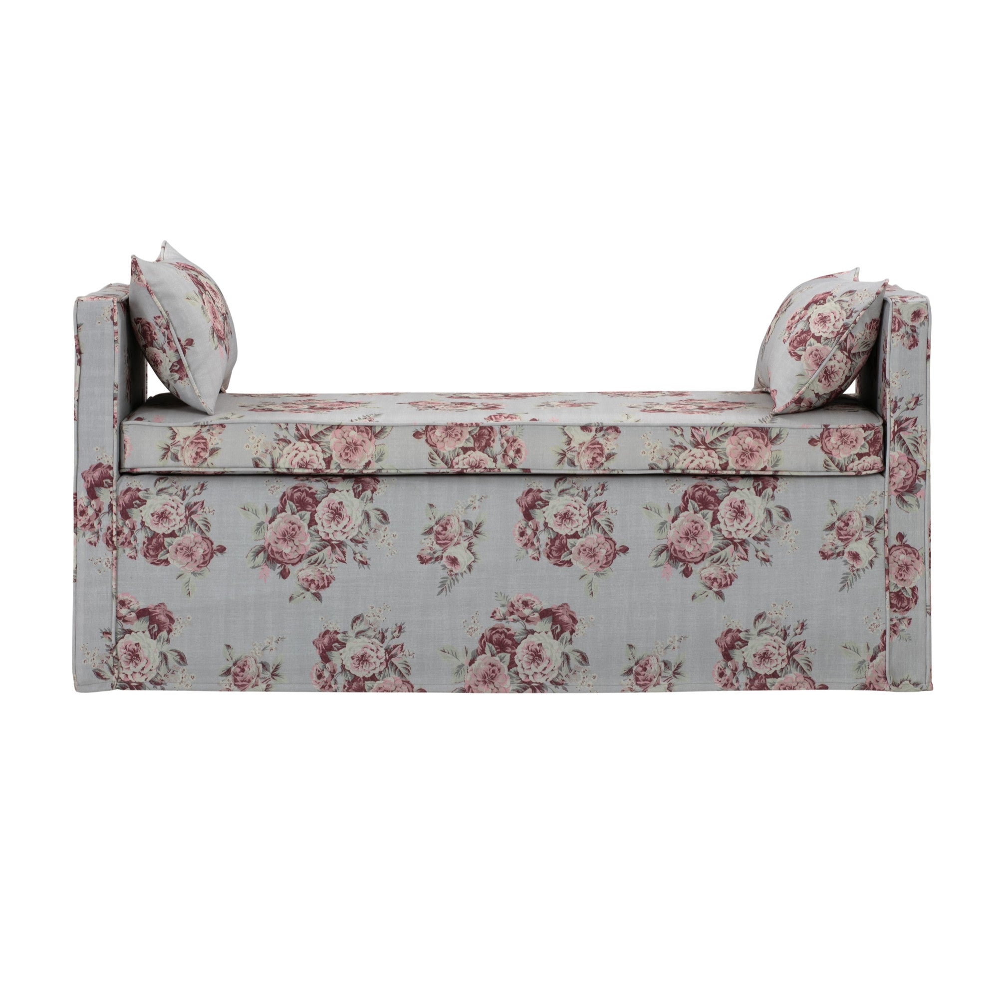 53" Light Gray And Black Upholstered Linen Floral Bench