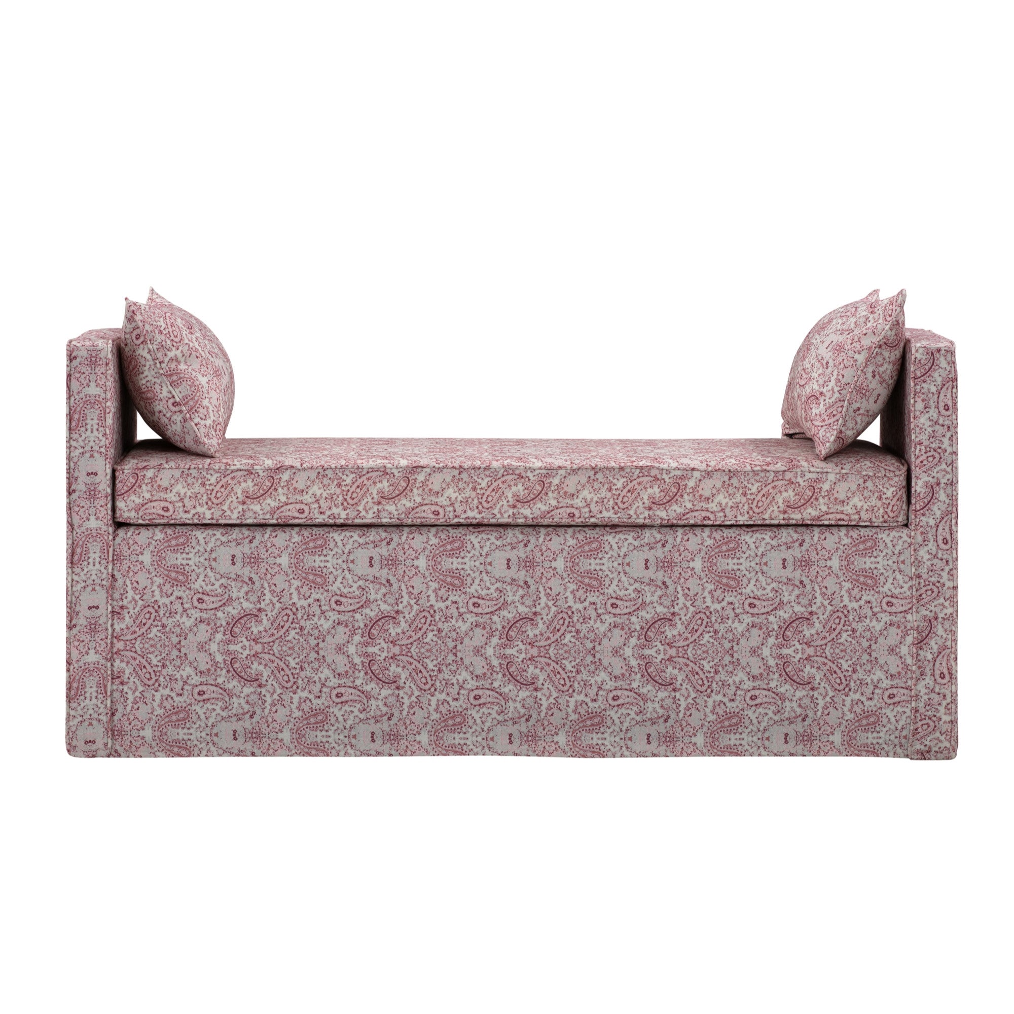 53" Red And Black Upholstered Linen Paisley Bench