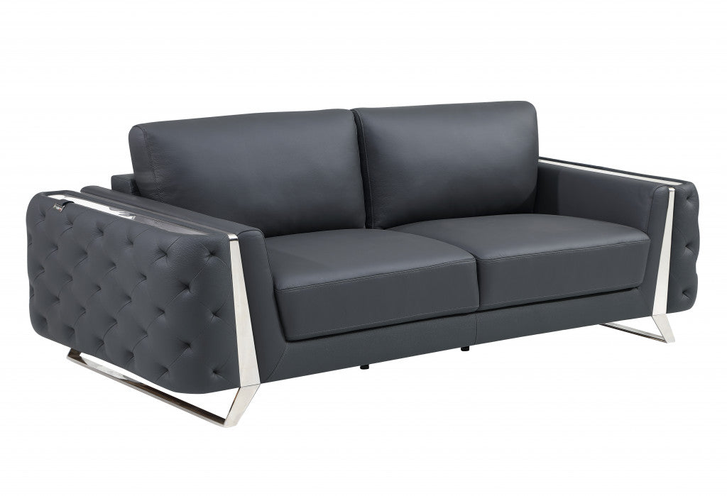 90" Gray And Silver Italian Leather Sofa