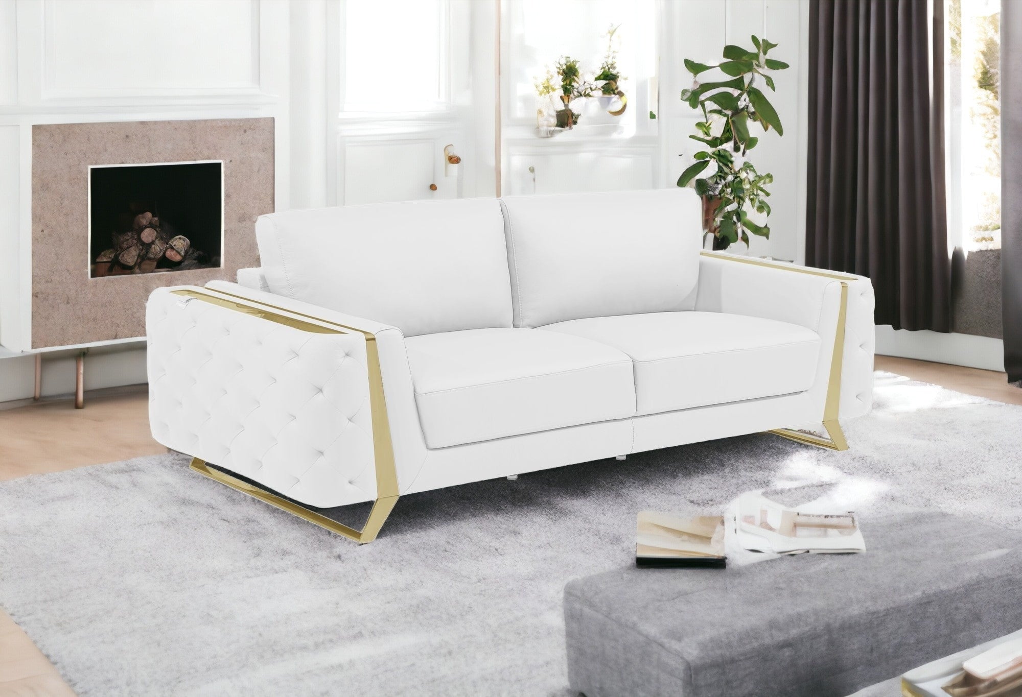 90" White And Silver Italian Leather Sofa