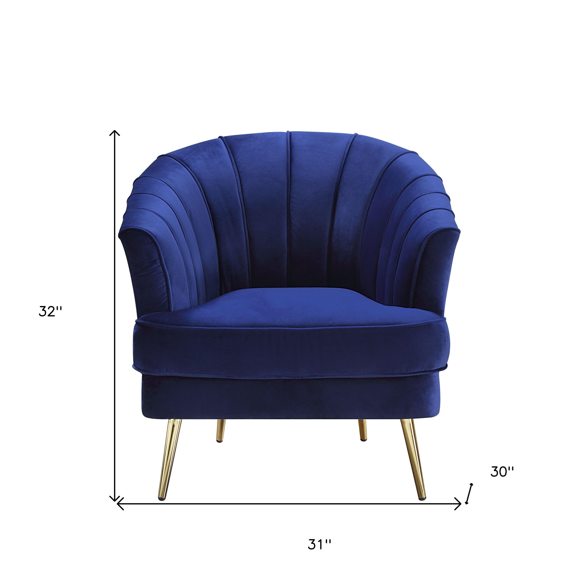 31" Blue Velvet And Gold Striped Barrel Chair