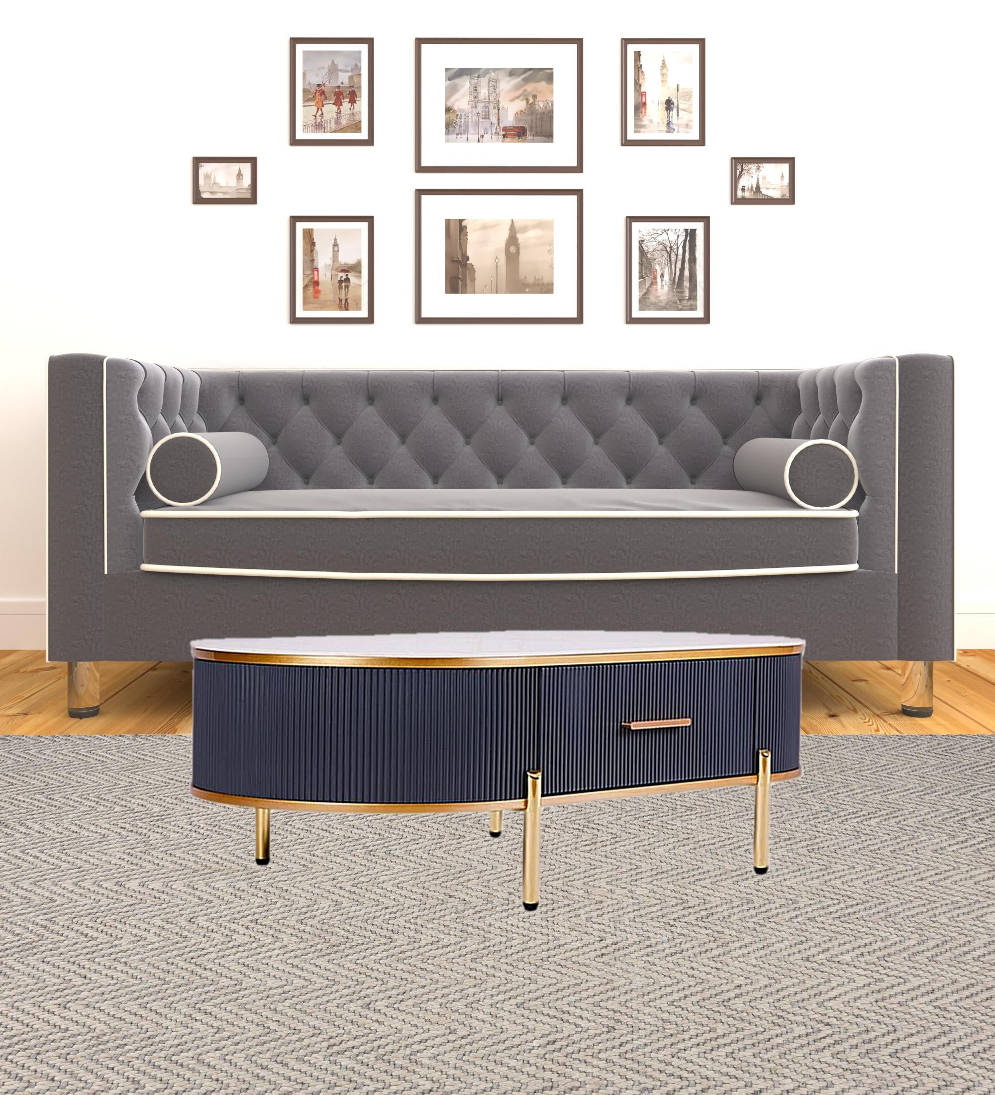 47" Charcoal Gray Gold And White Stone Oval Coffee Table With Drawer