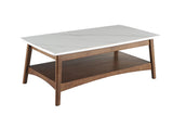 48" Walnut And White Stone Rectangular Coffee Table With Shelf