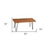 42" Black And Natural Brown Solid Wood Live Edge Rectangular Coffee Table