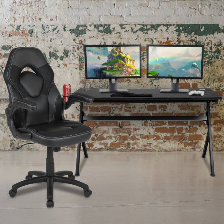 Black Gaming Desk and Chair Set with Cup Holder