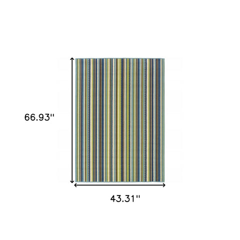 4' x 6' Blue and Green Striped Stain Resistant Indoor Outdoor Area Rug