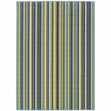 7' x 10' Blue and Green Striped Stain Resistant Indoor Outdoor Area Rug