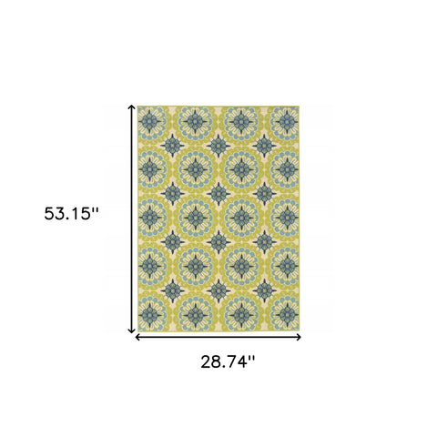 2' X 4' Green and Ivory Floral Stain Resistant Indoor Outdoor Area Rug