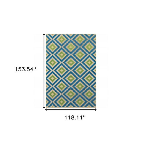 10' x 13' Blue and Beige Geometric Stain Resistant Indoor Outdoor Area Rug