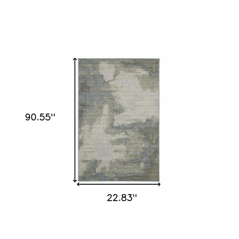 2' X 8' Blue and Gray Abstract Stain Resistant Indoor Outdoor Area Rug