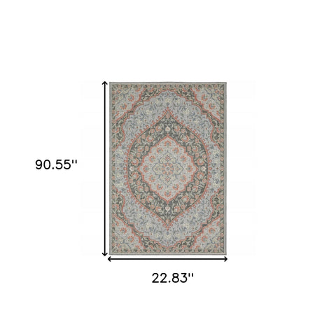 2' X 8' Blue Oriental Stain Resistant Indoor Outdoor Area Rug