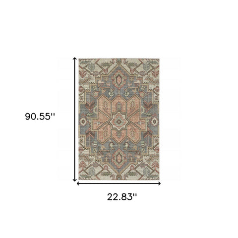 2' X 8' Blue Geometric Stain Resistant Indoor Outdoor Area Rug