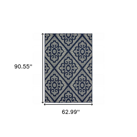 5' x 8' Blue and Ivory Geometric Stain Resistant Indoor Outdoor Area Rug