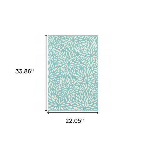 2' x 3' Blue and Ivory Floral Stain Resistant Indoor Outdoor Area Rug