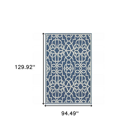 8' x 11' Blue and Ivory Geometric Stain Resistant Indoor Outdoor Area Rug
