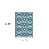 2' x 3' Blue and Ivory Geometric Stain Resistant Indoor Outdoor Area Rug