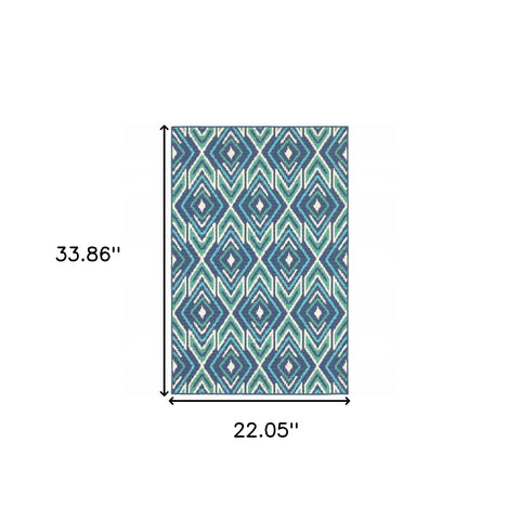 2' x 3' Blue and Ivory Geometric Stain Resistant Indoor Outdoor Area Rug