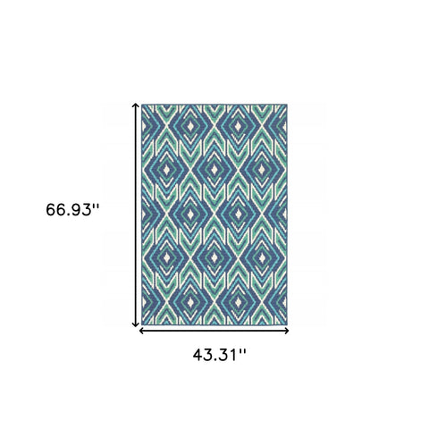 4' x 6' Blue and Ivory Geometric Stain Resistant Indoor Outdoor Area Rug