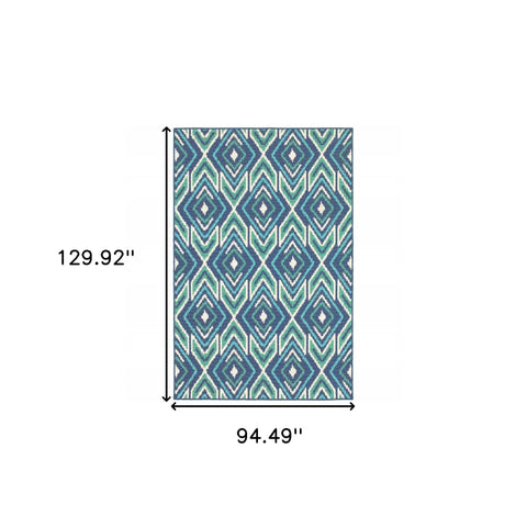 8' x 11' Blue and Ivory Geometric Stain Resistant Indoor Outdoor Area Rug