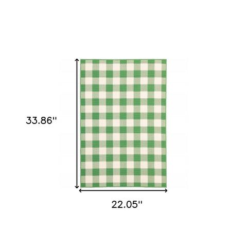 2' x 3' Green and Ivory Geometric Stain Resistant Indoor Outdoor Area Rug