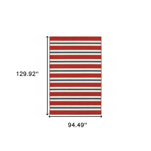 8' x 11' Red and Ivory Geometric Stain Resistant Indoor Outdoor Area Rug