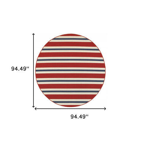 8' x 8' Red and Ivory Round Geometric Stain Resistant Indoor Outdoor Area Rug