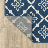 2' X 8' Blue and Ivory Floral Stain Resistant Indoor Outdoor Area Rug