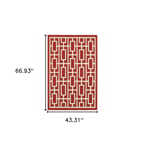 4' x 6' Red and Ivory Geometric Stain Resistant Indoor Outdoor Area Rug