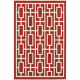 9' X 13' Red and Ivory Geometric Stain Resistant Indoor Outdoor Area Rug